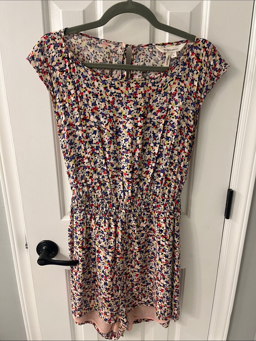 BCBGeneration Cream Mini Romper with Blue & Pink Spot Print